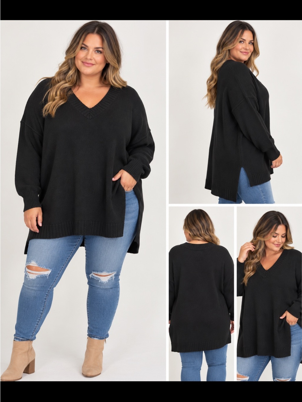 Terra & Sky Plus Size Black V-Neck Oversized Pullover